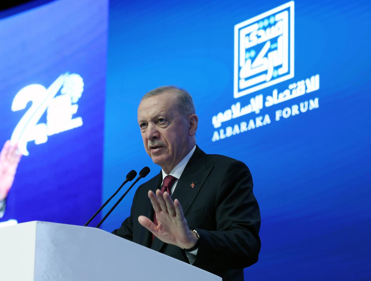 Turkish President Recep Tayyip Erdogan speaks during the 2nd Global Islamic Economy Summit at Istanbul Financial Center in Istanbul, Türkiye on May 30, 2025. (AA Photo)