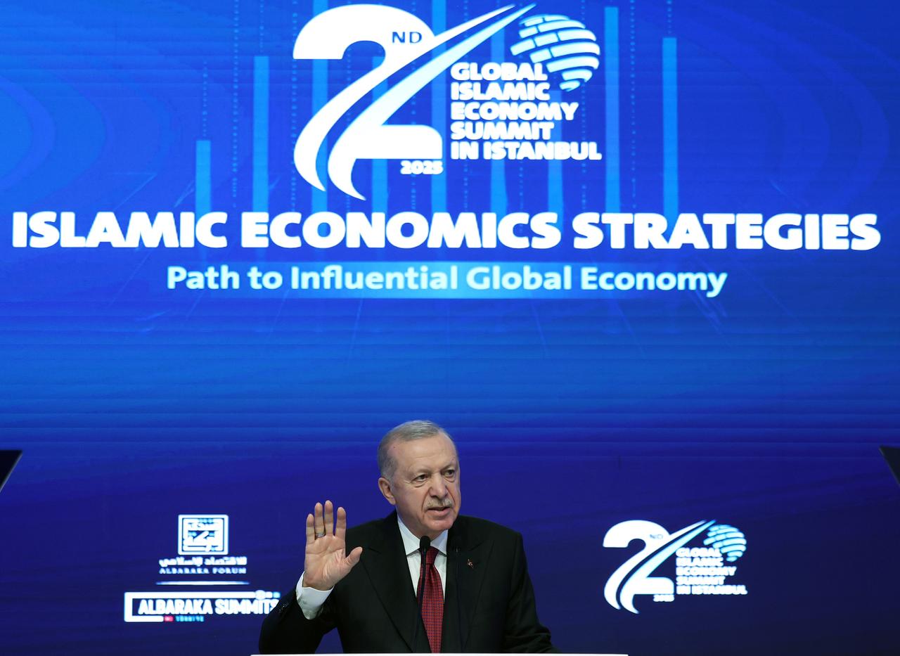 Turkish President Recep Tayyip Erdogan speaks during the 2nd Global Islamic Economy Summit at Istanbul Financial Center in Istanbul, Türkiye on May 30, 2025. (AA Photo)
