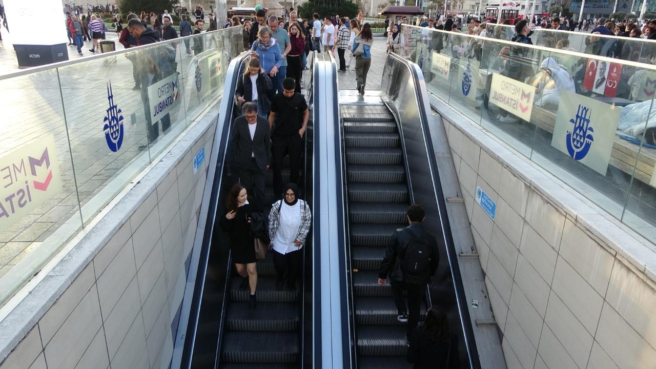 Commuters use escalators at the entrance of Taksim Metro Station in Istanbul, Türkiye, accessed on May 31, 2025. (IHA Photo)