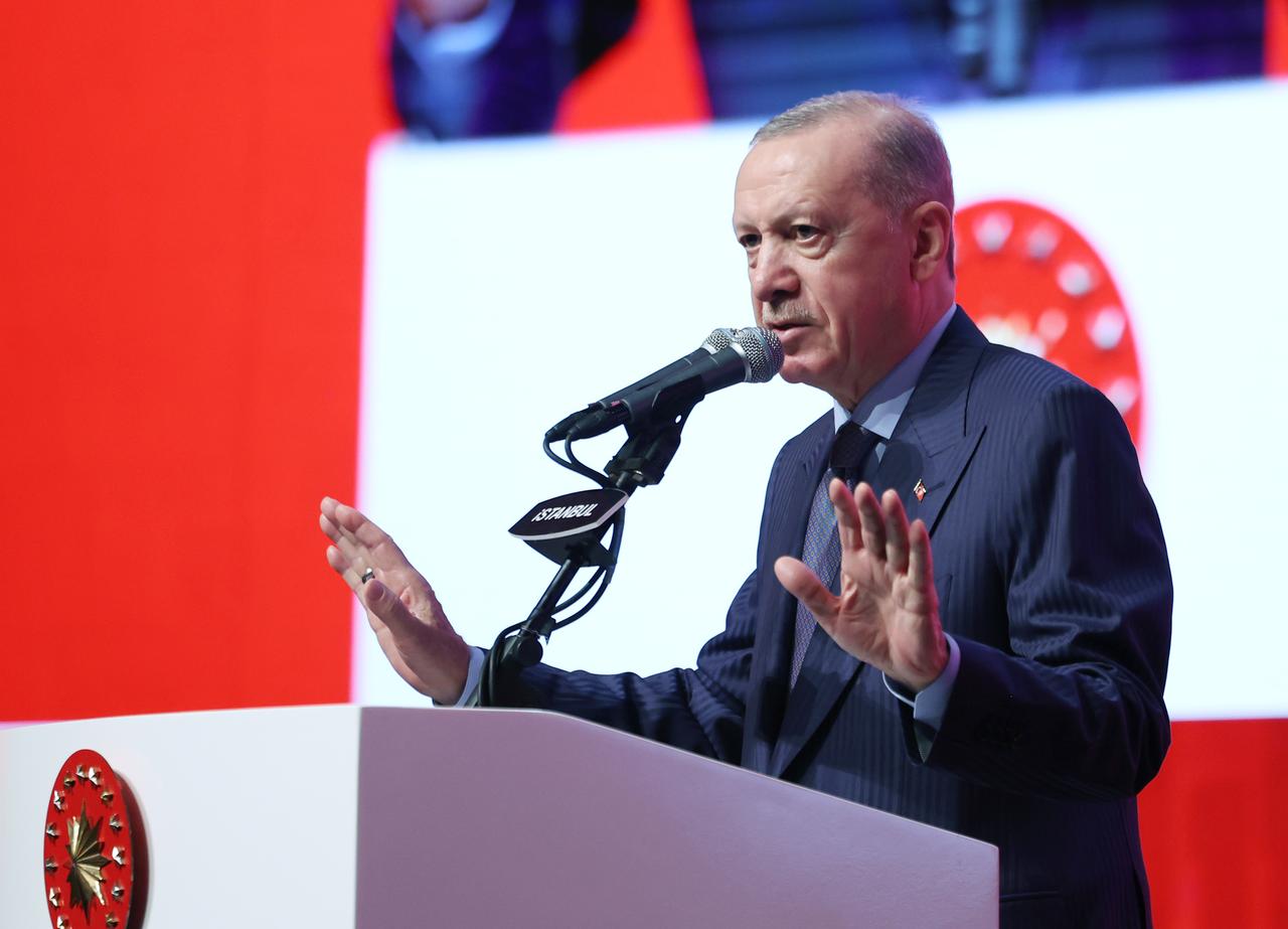 President Recep Tayyip Erdogan makes a speech as he attends Turkish Youth Summit as Istanbul Congress Center in Istanbul, Turkiye on May 31, 2025. (TUR Presidency /Murat Kula - Anadolu Agency)