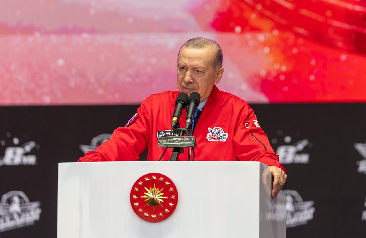 LEFKOSIA, TRNC - MAY 3: Turkish President Recep Tayyip Erdogan, delivers a speech during the TEKNOFEST TRNC Award Ceremony at Ercan Airport, where Anadolu Agency is the global communication partner in Lefkosia, TRNC on May 03, 2025.  ( Emin Sansar - Anadolu Agency )