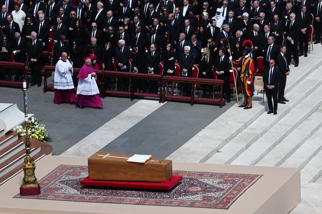 The coffin bearing the body of Pope Francis is seen out of St. Peter