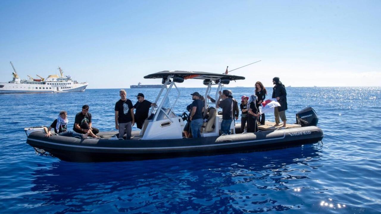 AT SEA - MAY 2: (----EDITORIAL USE ONLY MANDATORY CREDIT -  FREEDOM FLOTILLA COALITION / HANDOUT  - NO MARKETING NO ADVERTISING CAMPAIGNS - DISTRIBUTED AS A SERVICE TO CLIENTS----) Aftermath of the damaged civilian ship carrying humanitarian aid for Gaza, which was targeted in a drone attack while sailing in international waters near the island of Malta, at Sea on May 2, 2025. The front of the vessel was targeted twice in the drone attack, resulting in a fire and a breach in the hull. ( Freedom Flotilla Coalition - Anadolu Agency )