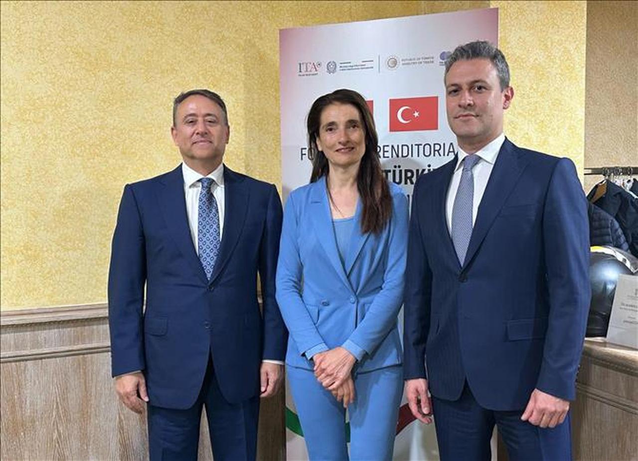 Fatih Kemal Ebiclioglu, President of Koc Holding Consumer Durables Group (L); Alessandra Ricci, CEO of Italy’s export credit agency SACE (C); and Baris Alparslan, Deputy General Manager for Finance at Beko (R), pose during the Turkiye-Italy Business Forum in Rome, Italy, on April 29, 2025. (AA Photo)