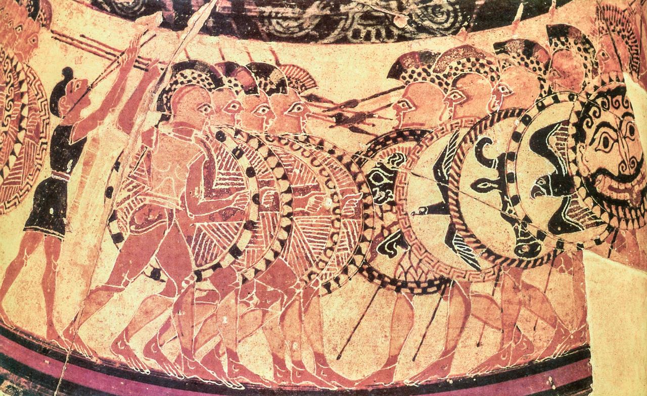 Chigi Vase depicting hoplites on the move, with an aulos (a double-piped reed instrument) player on the left of the scene just behind the soldiers, 650 B.C., at National Etruscan Museum of Villa Giulia, Rome, Italy. (Photo via National Etruscan Museum of Villa Giulia) 