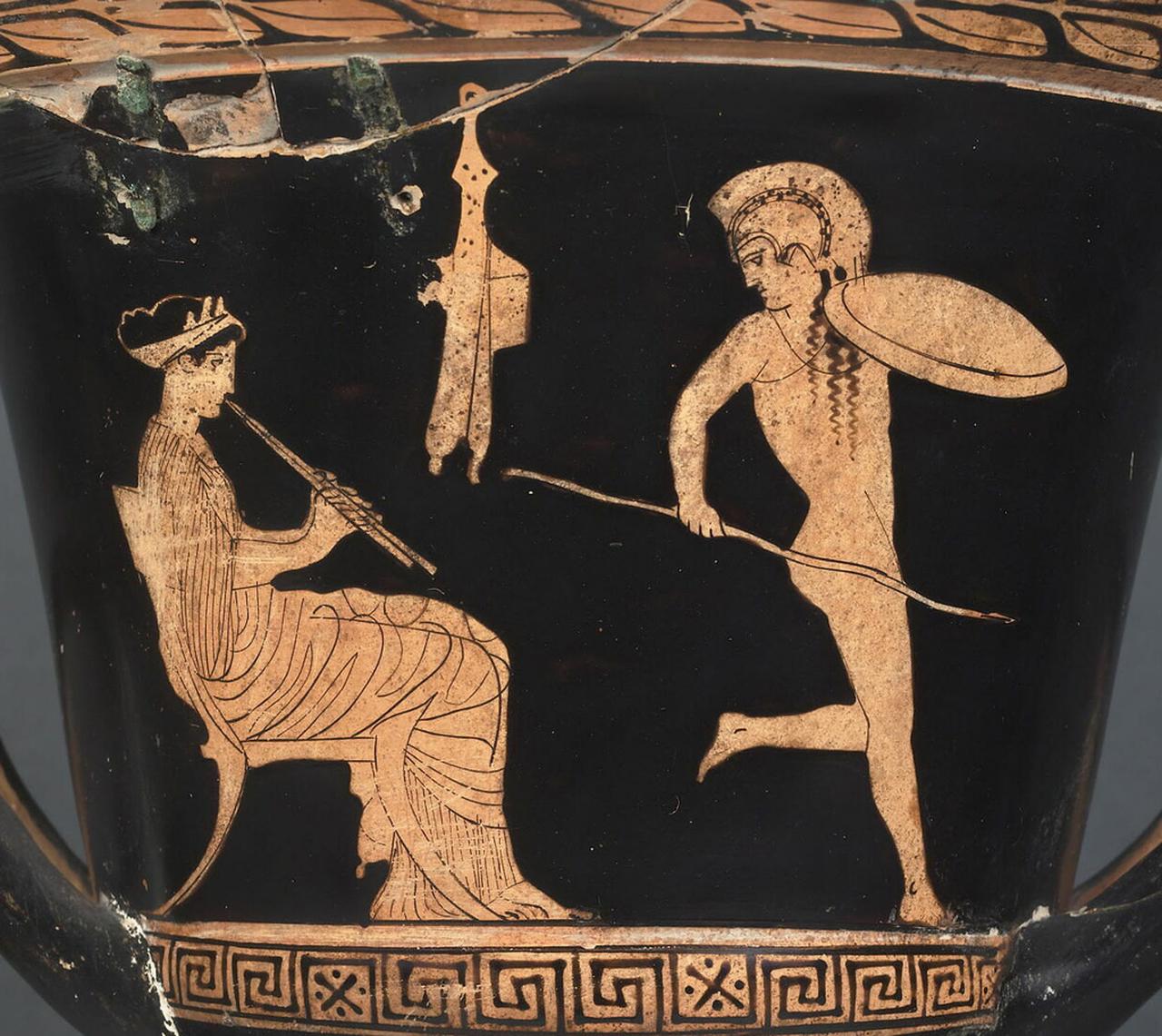 A Pyrrhic dance, scence from a anceint vase, 5th century B.C., at the Louvre Museum in Paris, France. (Photo via Wikimedia)