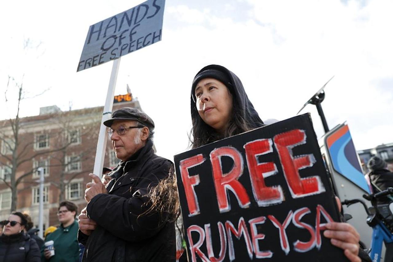 Protesters in Massachusetts have demanded the Trump administration release Rumeysa Ozturk and other international student activists targeted for removal from the United States for their activism in support of Palestine. (EPA Photo)