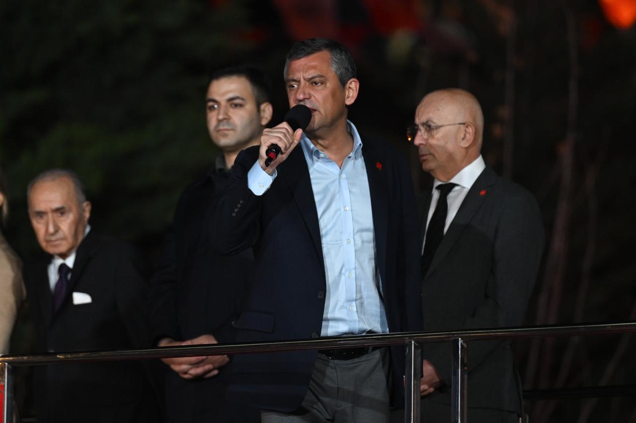 Main opposition party CHP Leader Ozgur Ozel addressing supporters outside CHP headquarters in Ankara , Türkiye on May 5, 2025. (AA Photo)