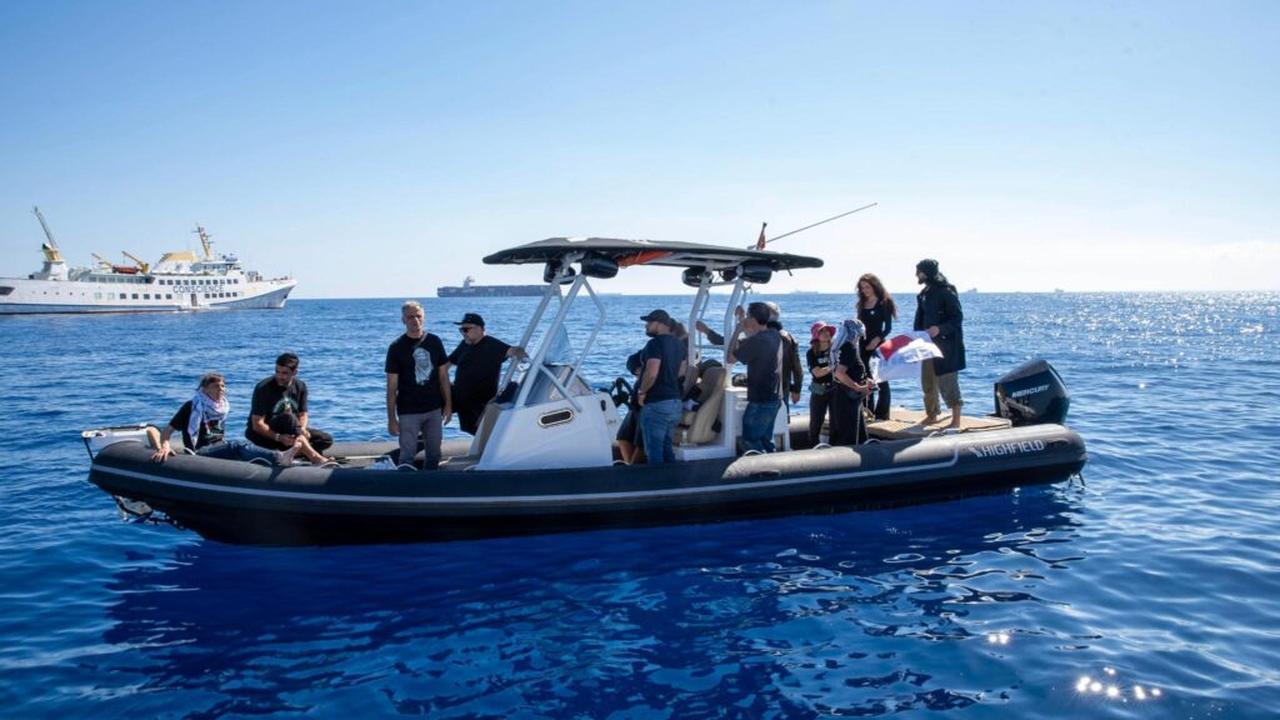 Aftermath of the damaged civilian ship carrying humanitarian aid for Gaza, which was targeted in a drone attack while sailing in international waters near the island of Malta, at Sea on May 2, 2025. (Freedom Flotilla Coalition / Handout / Anadolu Agency)