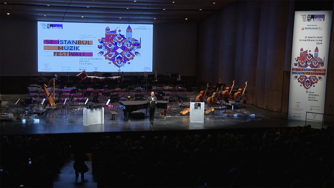 A presenter addresses the audience at the 52nd Istanbul Music Festival opening ceremony in Türkiye, accessed on May 7, 2025. (AA Photo)