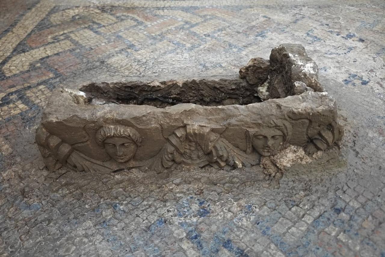 Funerary object (an osthothek) on the mosaic discovered in the ancient city of Syedra in Alanya, Antalya, Türkiye, May 6, 2025. (Photo via Syedra Excavations)