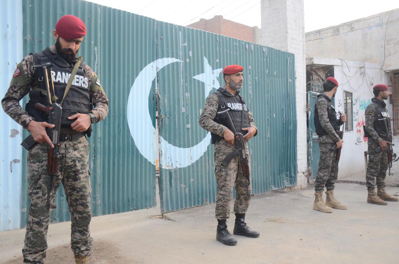Soldiers take security measures near the damaged mosque situated at health and education complex which was hit by Indian strike in Muridke, near Lahore, Pakistan, on May 07, 2025. (AA Photo)