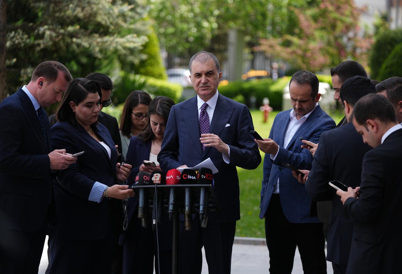 AK Party Deputy Chairman and Party Spokesperson Omer Celik made statements to press members at the party headquarters in Ankara, Türkiye on 7 May, 2025. (AA Photo)