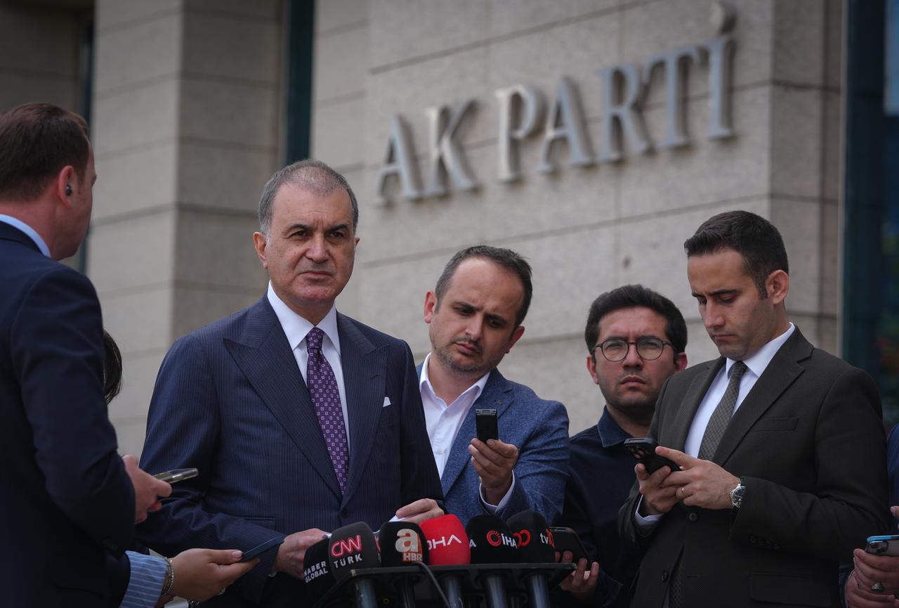 AK Party Deputy Chairman and Party Spokesperson Omer Celik made statements to press members at the party headquarters in Ankara, Türkiye on 7 May, 2025. (AA Photo)