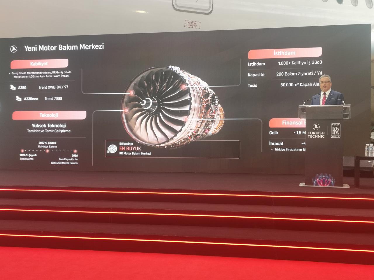 Turkish Airlines Chairman Prof. Dr. Ahmet Bolat presents the key features of the new Rolls-Royce engine maintenance facility during the signing ceremony in Istanbul, Türkiye, on May 7, 2025. (Photo via X/BilalEksiTHY)