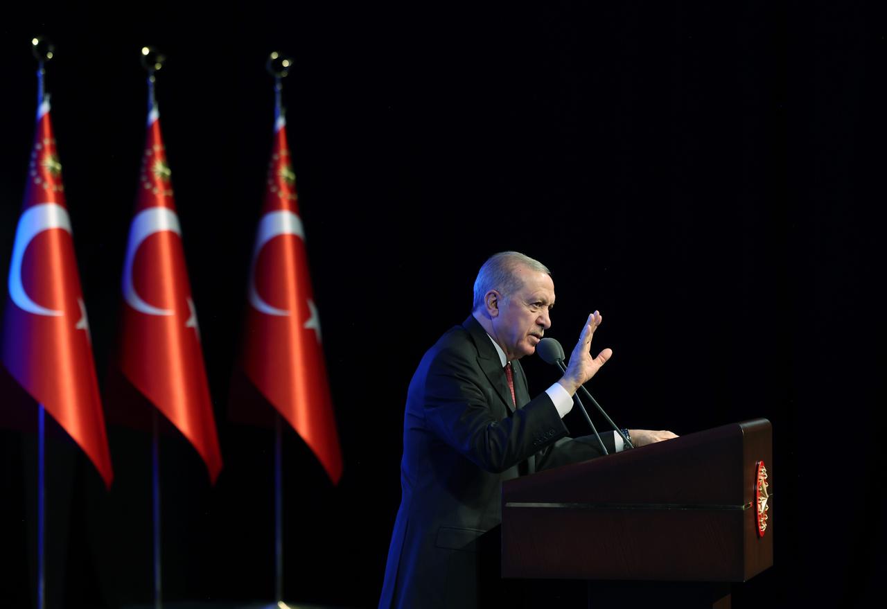 President Recep Tayyip Erdogan speaks during the mass opening ceremony of Renewable Energy Investments for 2024 held at Bestepe Congress and Culture Center in Ankara, Türkiye on May 07, 2025. (TUR Presidency / Murat Kula - Anadolu Agency)