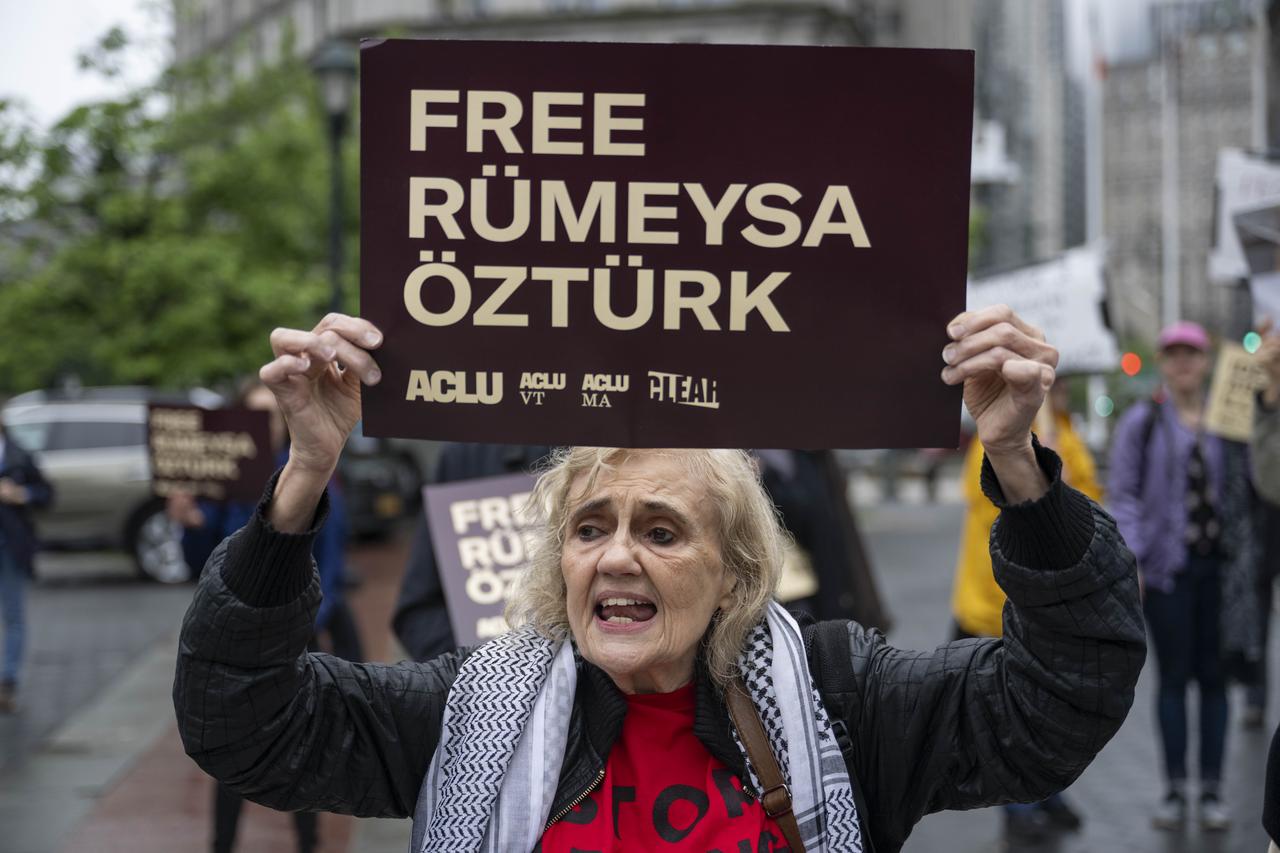 People take part in a rally and a protest in solidarity with Rumeysa Ozturk and Mohsen Mahdawi outside New York Federal Court as the court hears the U.S. government request to appeal the decisions in their cases in New York, United States on May 06, 2025. (AA Photo)