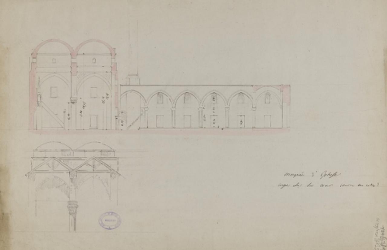 Reconstruction of the Isa Bey Mosque drawn by Texier from two different angles, Selcuk, Izmir, Türkiye. (Photo via Royal Institute of British Architects)