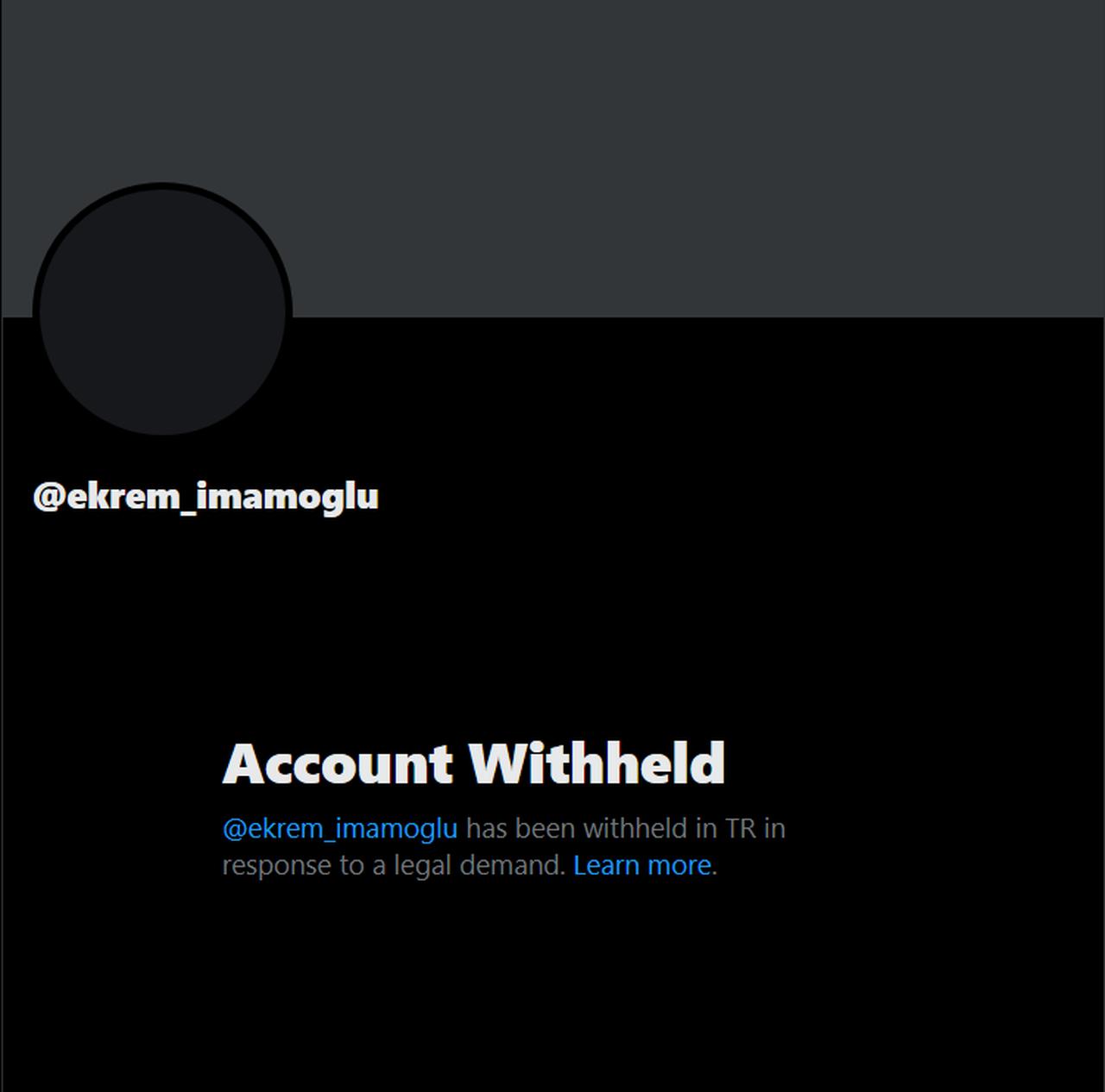 Screenshot shows the withheld status of Ekrem Imamoglu’s X account, visible to users in Türkiye following a legal demand, accessed on May 8, 2025. (Screenshot via X)