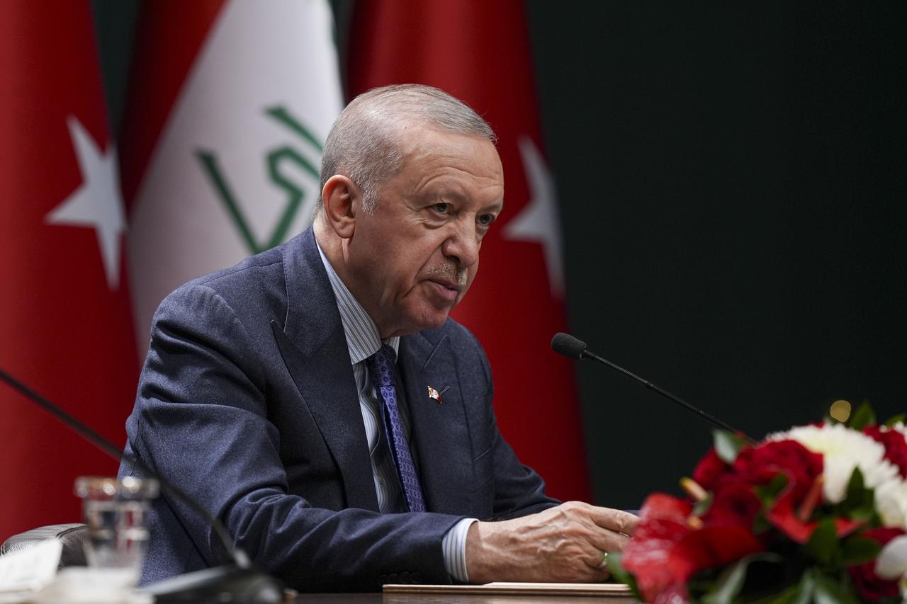  President Recep Tayyip Erdogan makes a speech as he holds a joint press conference with Iraqi Prime Minister Mohammed Shia' Al-Sudani (not seen) following their meeting at the Presidential Complex in Ankara, Türkiye on May 08, 2025. (AA Photo)