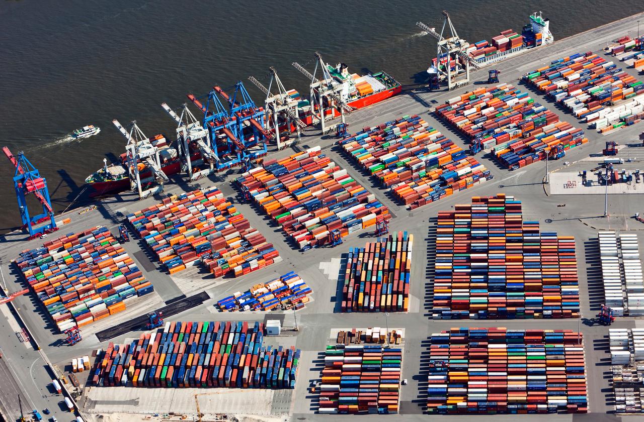 Aerial view of Burchardkai terminal at the Port of Hamburg, Germany’s largest container facility, on August 6, 2014. (Adobe Stock Photo)
