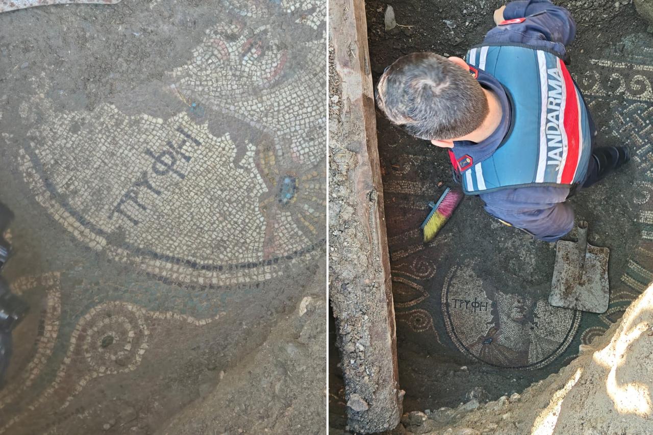 The inscription and depiction of “Tryphe” on a 2,000-year-old Roman mosaic found in a vineyard house in Zile district of Tokat, Türkiye, May 7, 2025. (IHA Photo)