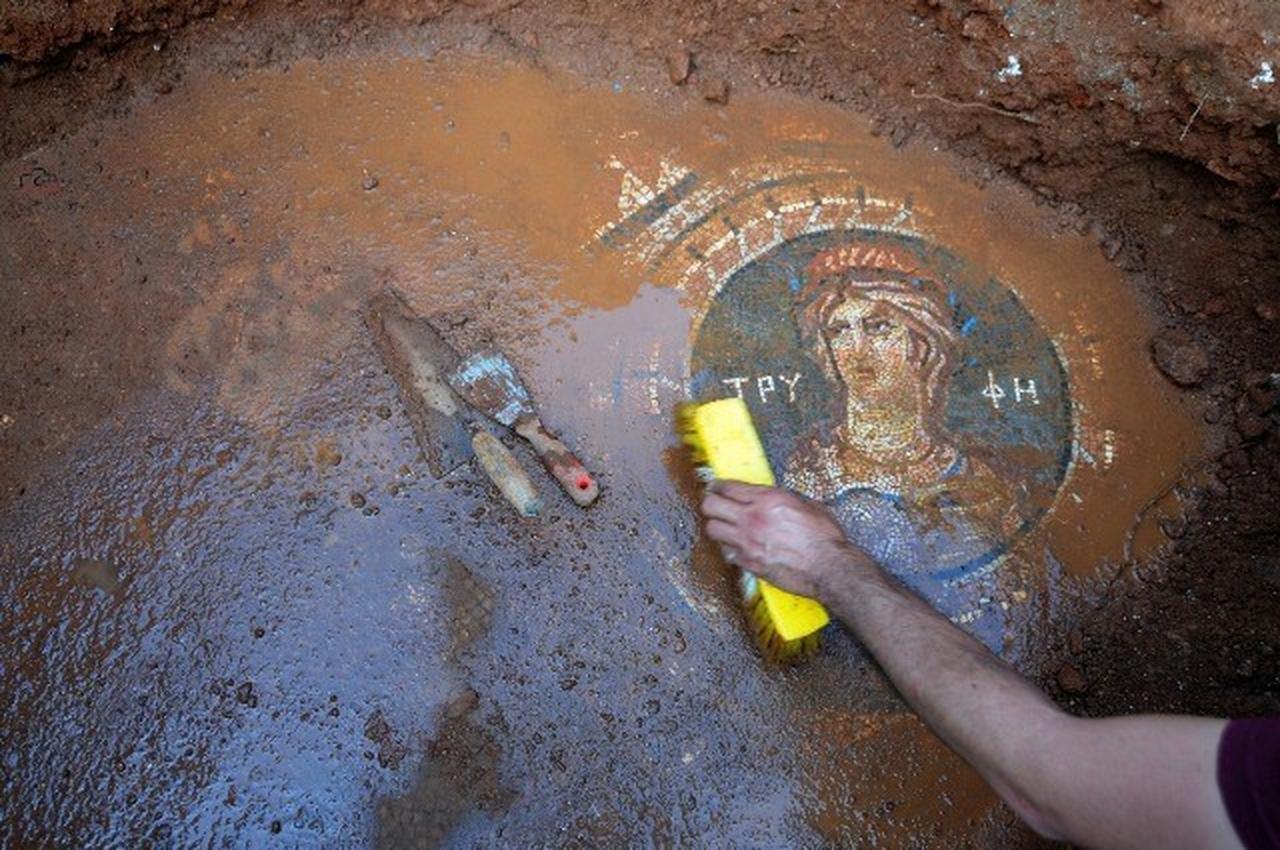 The inscription and depiction of “Tryphe” on a 1,800-year-old Roman mosaic in the ancient city of Olba in Silifke district of Mersin, Türkiye, August 4, 2015. (IHA Photo)