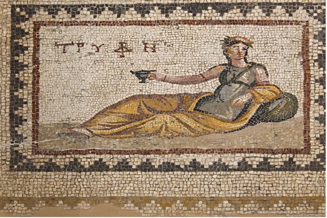 The inscription and depiction of “Tryphe” on a mosaic discovered in the 1930s in Antioch, present-day Antakya, Türkiye, 2024. (Photo via Arkitera)