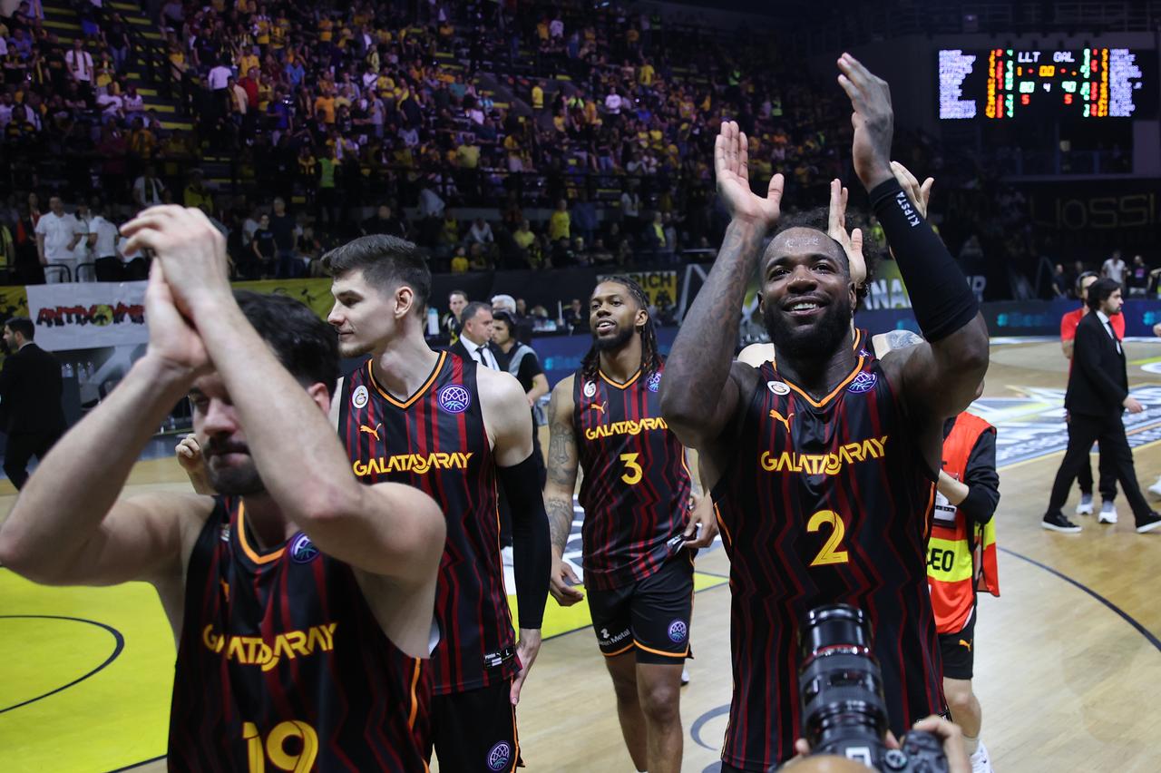 Goksenin Koksal (61) of Galatasaray celebrates his teams victory at the end of the Basketball Champions League Final Four Semi Final match between La Laguna Tenerife and Galatasaray at Sunel Arena in Athens Greece on May 09, 2025. (AA Photo)