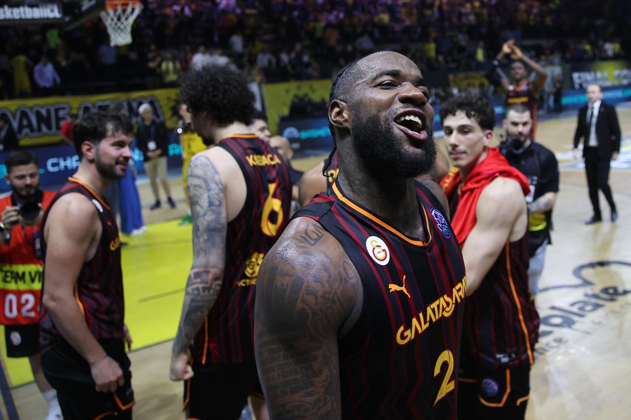 Goksenin Koksal (61) of Galatasaray celebrates his teams victory at the end of the Basketball Champions League Final Four Semi Final match between La Laguna Tenerife and Galatasaray at Sunel Arena in Athens Greece on May 09, 2025. (AA Photo)