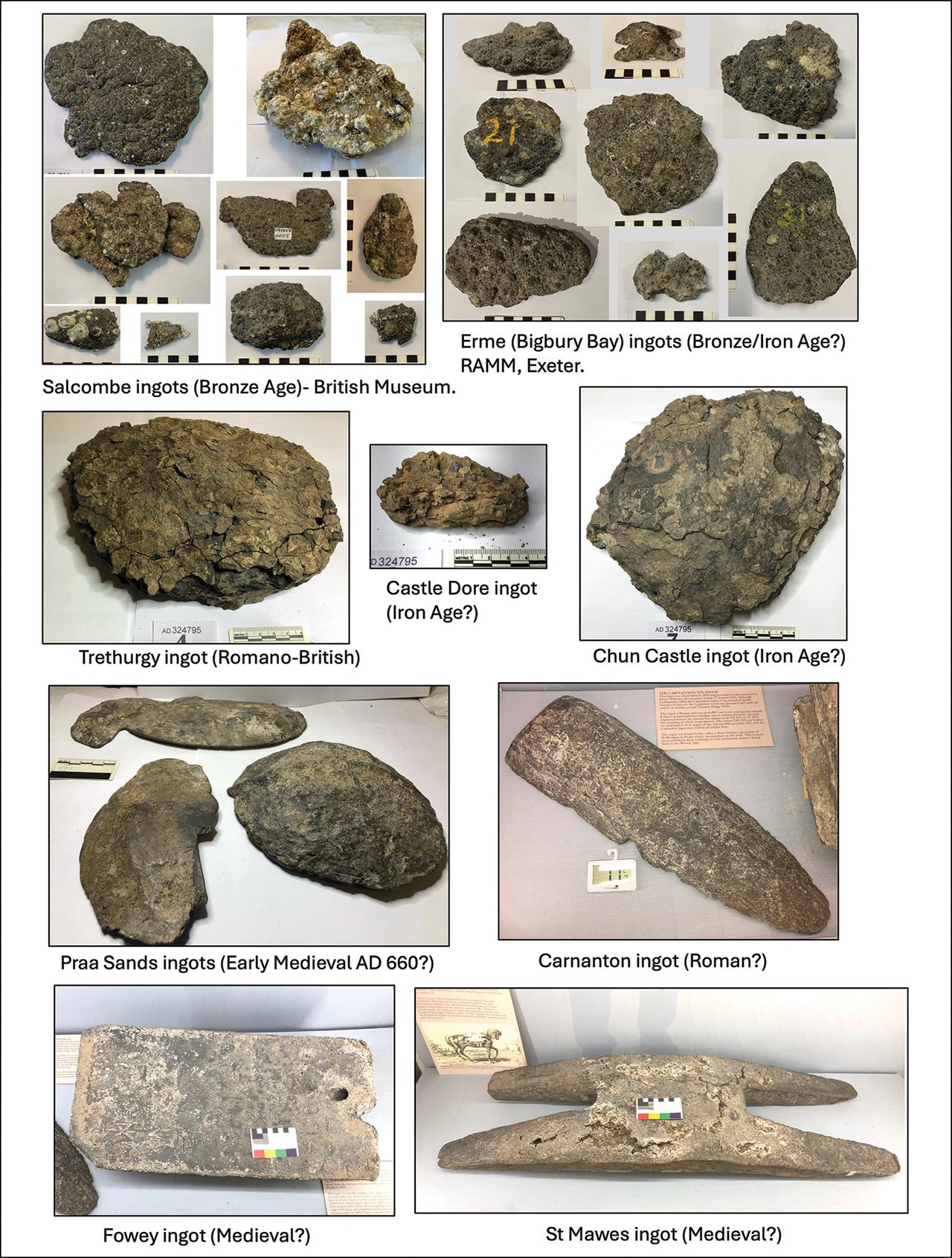 Tin artifacts subject to the study (where not otherwise indicated, artefacts are from the Royal Cornwall Museum). (Photos via Alan Williams)