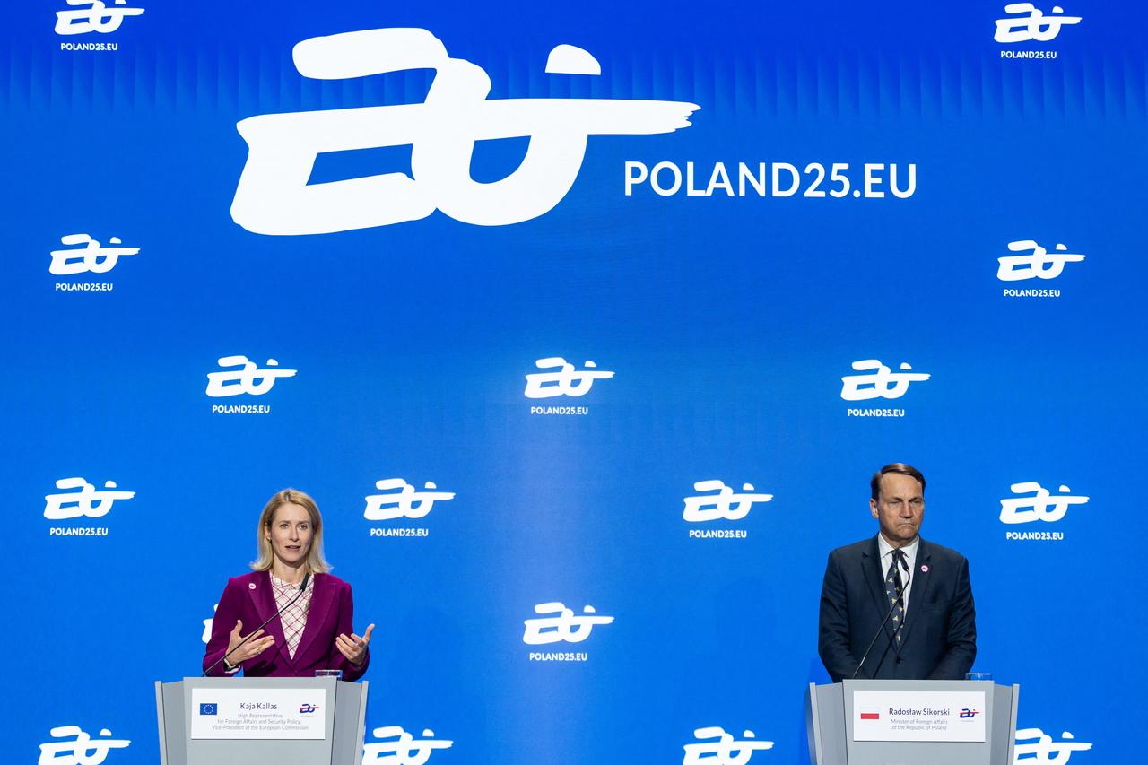 Polands Foreign Affairs Minister Radoslaw Sikorski speaks during a joint press conference with the EU High Representative for Foreign Affairs and Security Policy at the EU Foreign Ministers informal meeting in Gymnich format, in Warsaw, Poland, on May 8, 2025. (Photo by Wojtek RADWANSKI / AFP)