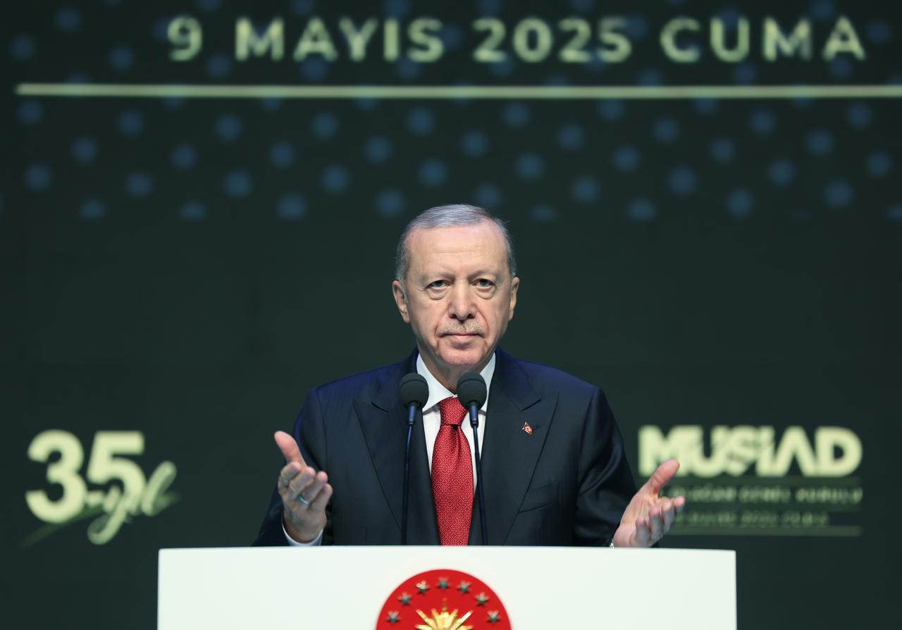 President Recep Tayyip Erdogan speaks during the 28th Ordinary General Assembly of MUSIAD (Independent Industrialists' and Businessmen's Association) at Halic Congress Center in Istanbul, Türkiye on May 9, 2025. (AA Photo)