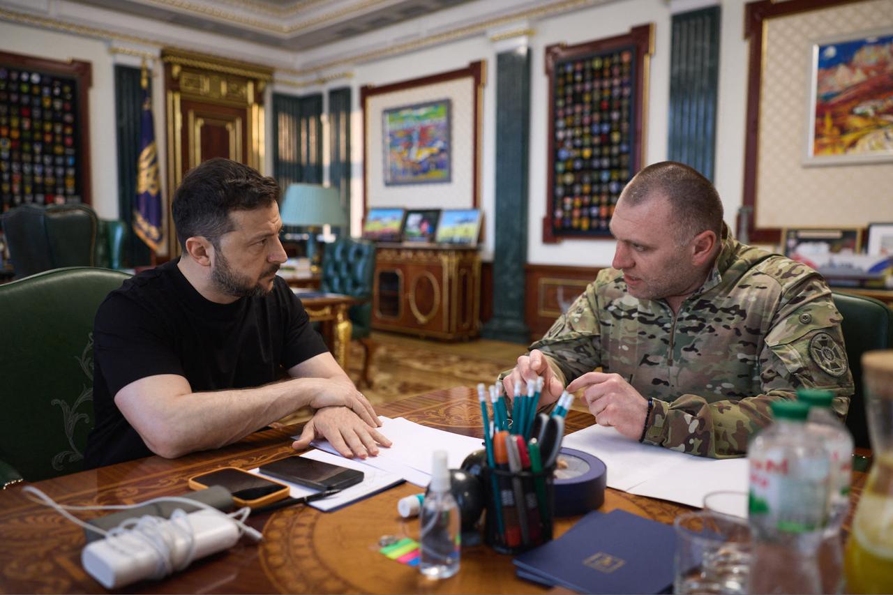 This handout photograph taken and released by the Ukrainian Presidential Press Service shows Ukrainian President Volodymyr Zelenskyy (L) meeting with the head of Ukraine’s Security Service Vasyl Malyuk (R) in Kyiv, Ukraine on June 1, 2025. (AFP / Ukranian Presidential Press Service Photo)