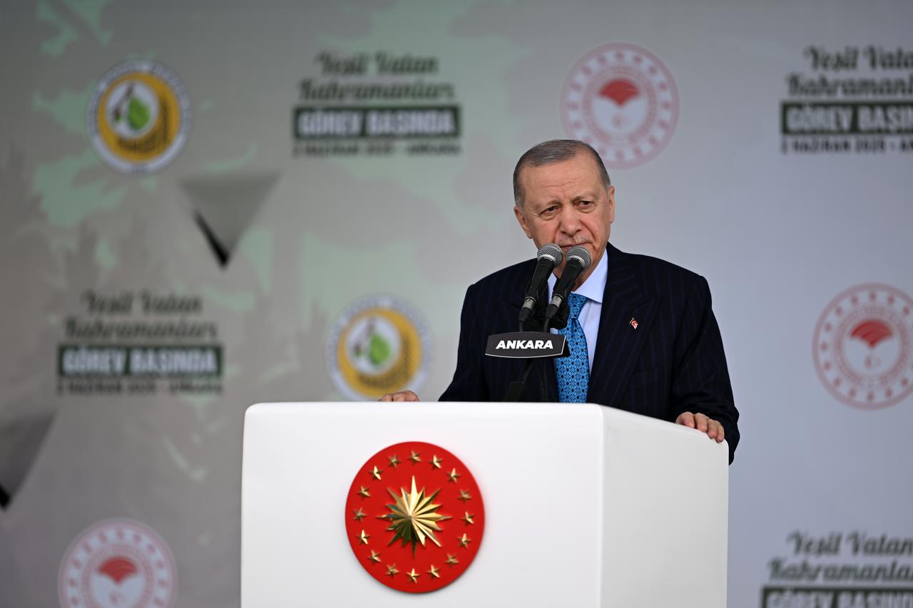 President Recep Tayyip Erdogan makes a speech during the Green Homeland Heroes On Duty event at Etimesgut Airport in Ankara, Türkiye on May June 02, 2025. (AA Photo)