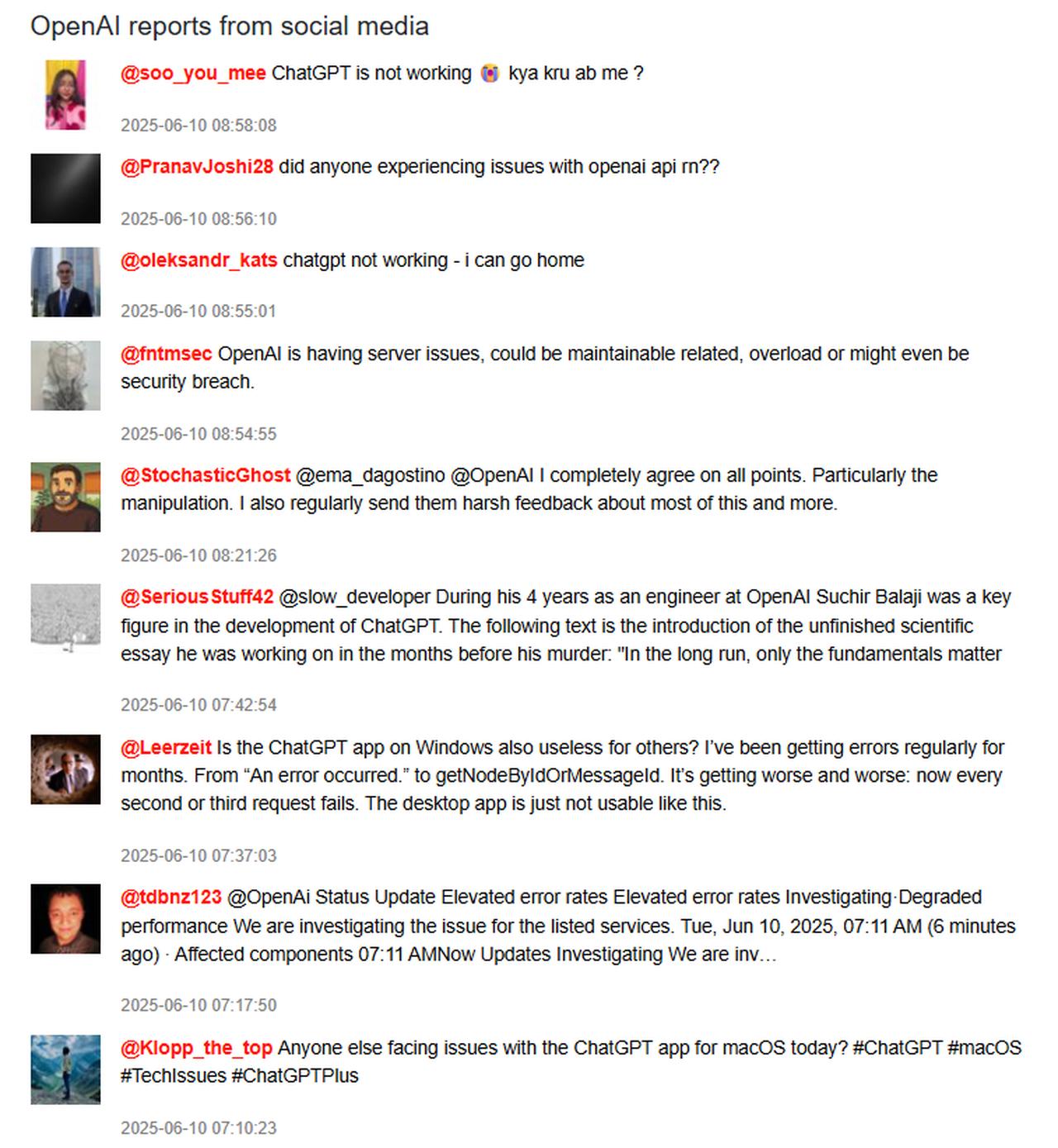 Users report significant issues in ChatGPT services on social media. (Screenshot via Downdetector)