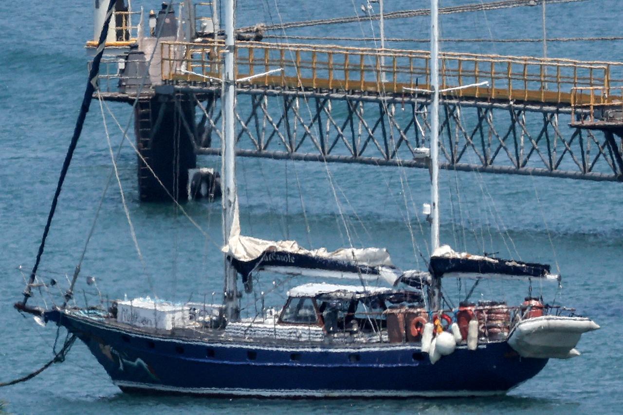 The aid sailboat Madleen is moored at the southern port of Ashdod on June 10, 2025 after being intercepted the previous day by Israeli forces. (AFP Photo)