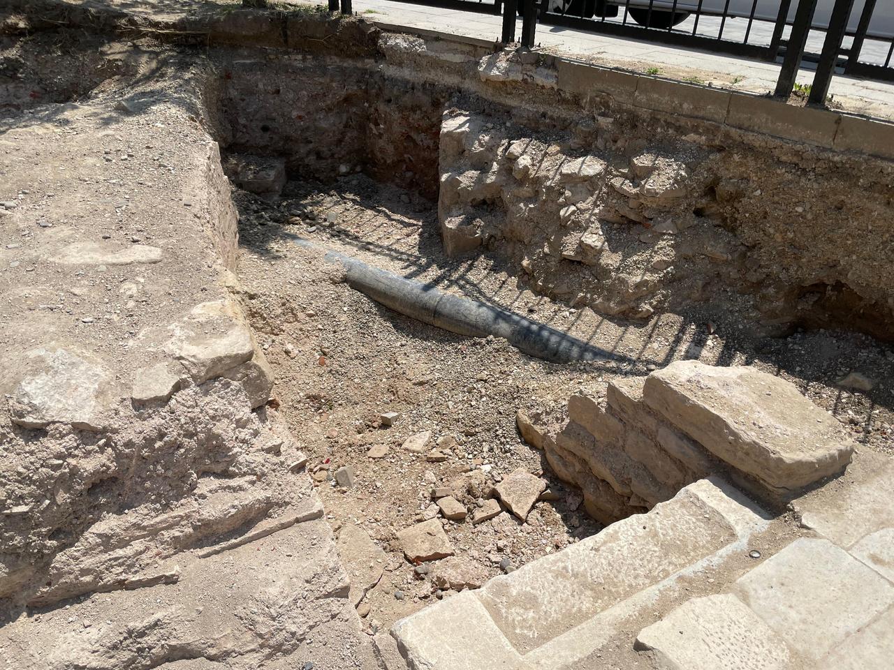 A view of the third apse of a structure believed to be a church, identified during the 2025 archaeological excavation season, Duzce, Türkiye, a pipe laid in previous years is visible in the image, June 7, 2025. (Photo via Koray Erdogan/Türkiye Today)