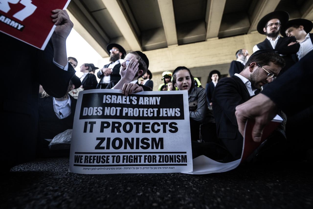 Ultra-Orthodox Jews gather to hold a protest against mandatory military service in the city of Bnei Brak, Israel on June 05, 2025. (AA Photo)