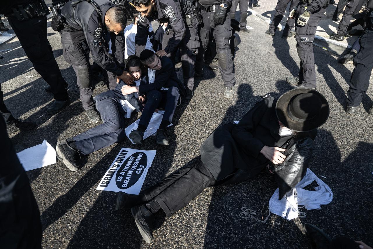 Ultra-Orthodox Jews gather to hold a protest against mandatory military service in the city of Bnei Brak, Israel on June 05, 2025. (AA Photo)