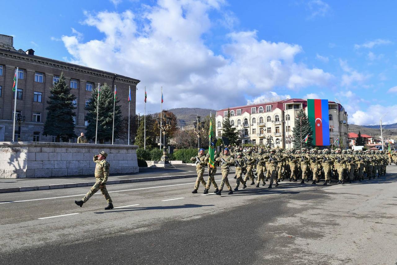 A view from the military parade with the participation of Azerbaijani President Ilham Aliyev to mark the third anniversary of the Second Nagorno-Karabakh War in Khankendi, Azerbaijan on November 08, 2023. (Azerbaijani Presidency - Anadolu Agency)