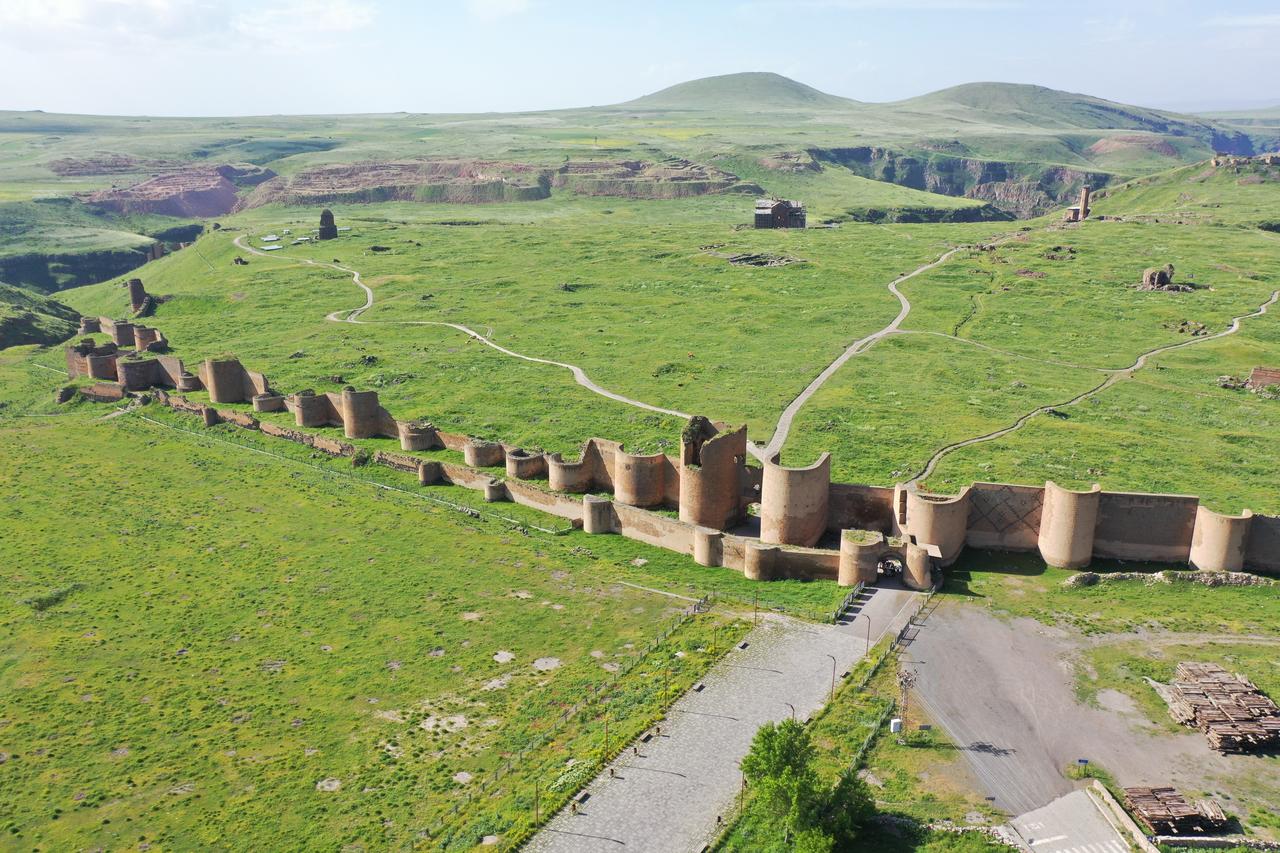 An aerial view of the Ani Walls, approximately 5 kilometers of which have stood for over 1,000 years at the historic Ani Ruins, a UNESCO World Heritage Site located in Kars, Türkiye, June 9, 2025. (AA Photo)