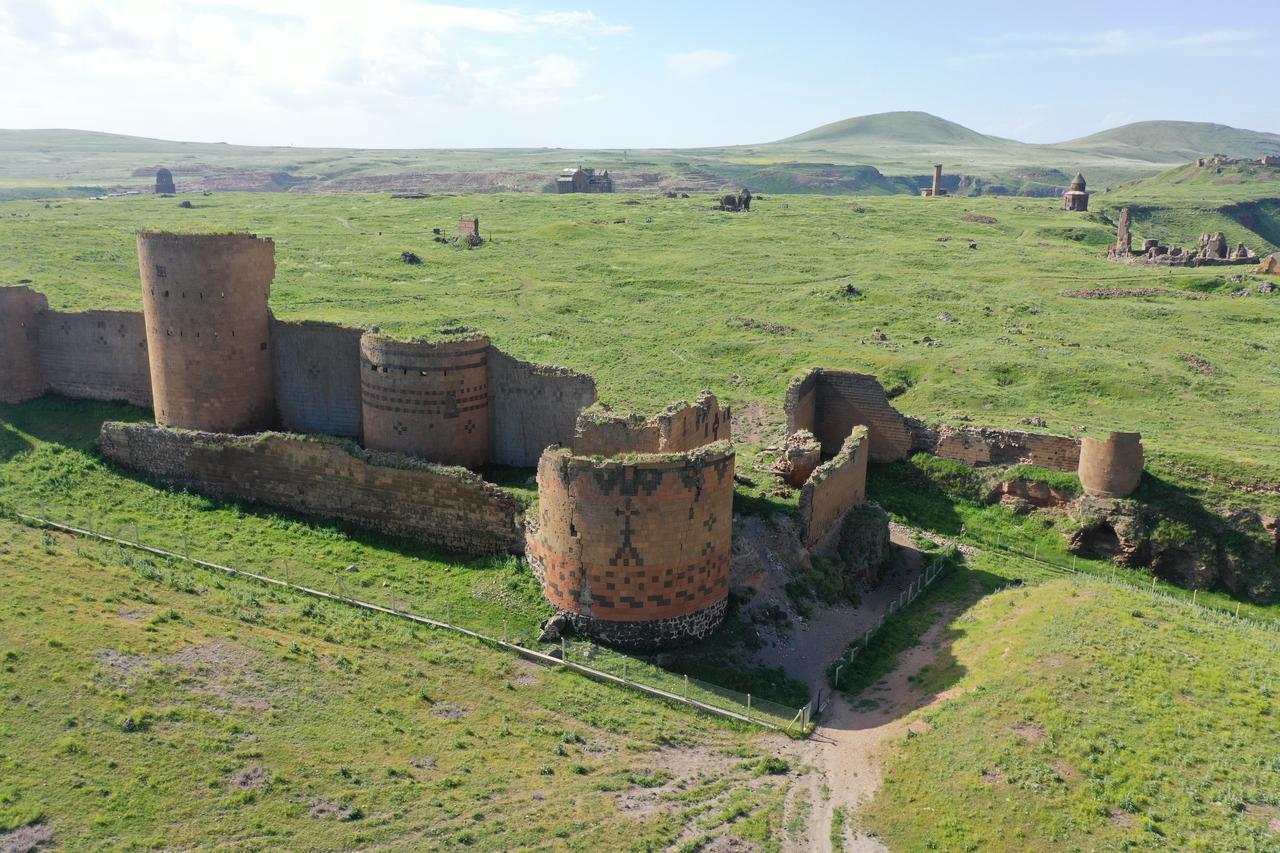 An aerial view of the Ani Walls, approximately 5 kilometers of which have stood for over 1,000 years at the historic Ani Ruins, a UNESCO World Heritage Site located in Kars, Türkiye, June 9, 2025. (AA Photo)