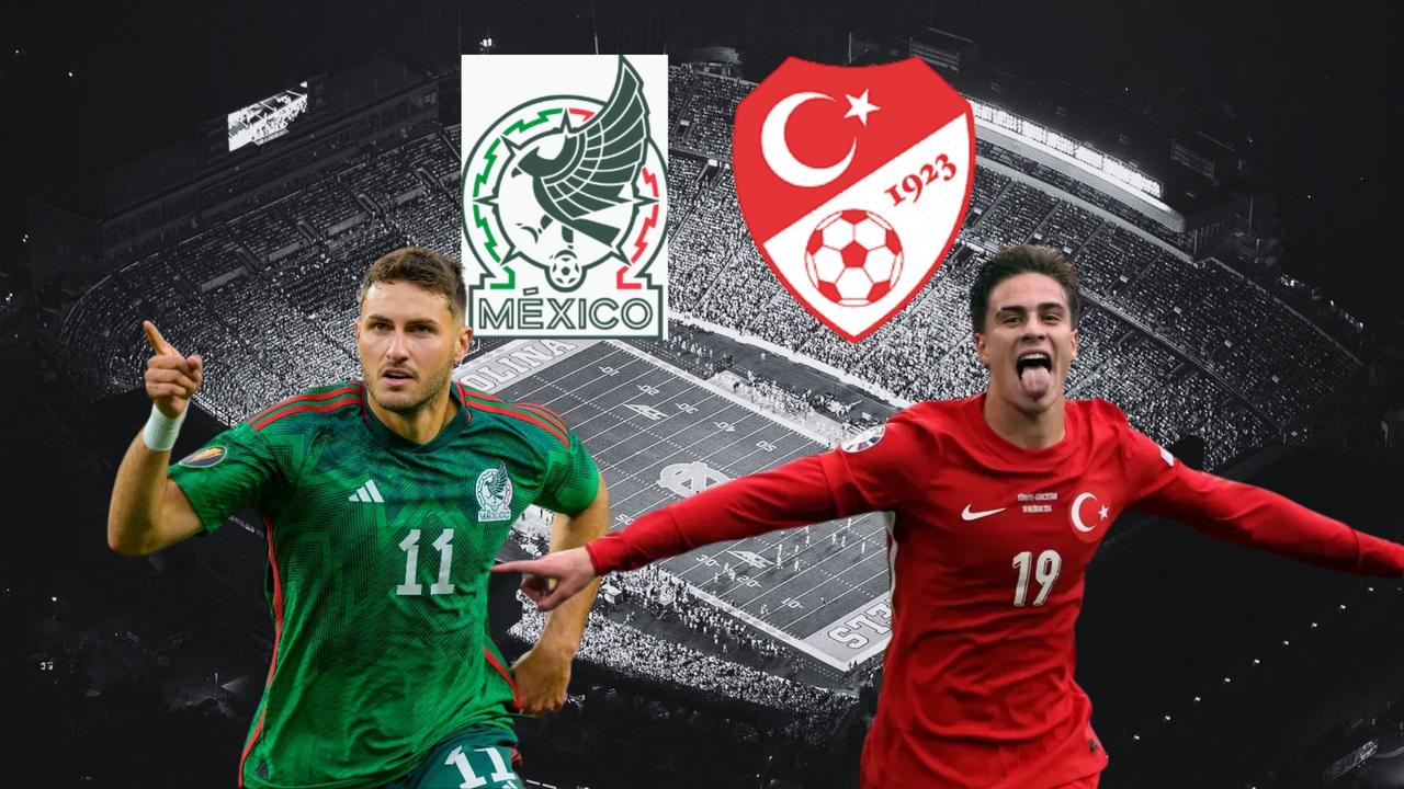 Mexico player Santiago Gimenez and Turkiye player Kenan Yildiz with Mexico and Turkiye national football logos, Capitol Hill and Kenan Memorial Stadium in background. (Türkiye Today, created by Canva)