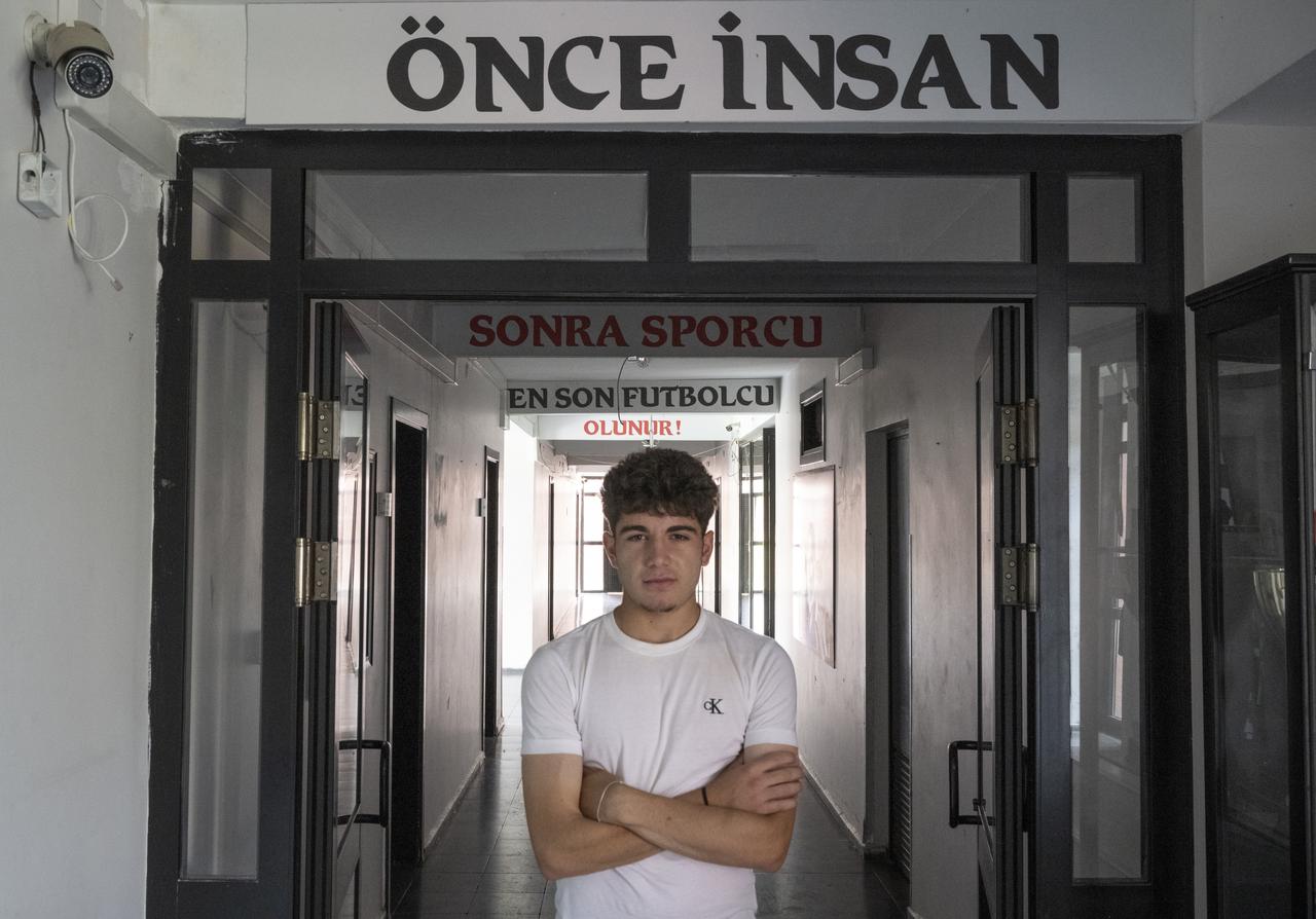 Midfielder Baran Yildiz, transferred from Genclerbirligi to Premier League’s Newcastle United during transfer window, speaks in exclusive interview about journey and future goals in Ankara, Turkiye, June 2, 2025; behind him, sign reads ‘Once human, then athlete, last footballer. (AA Photo)