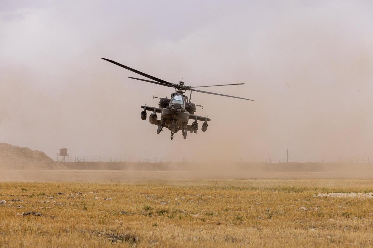 A U.S. Army attack helicopter, the AH-64 Apache conducts patrols in the CENTCOM area of responsibility, accessed on 11 June, 2025. (Photo via X/@CENTCOM)