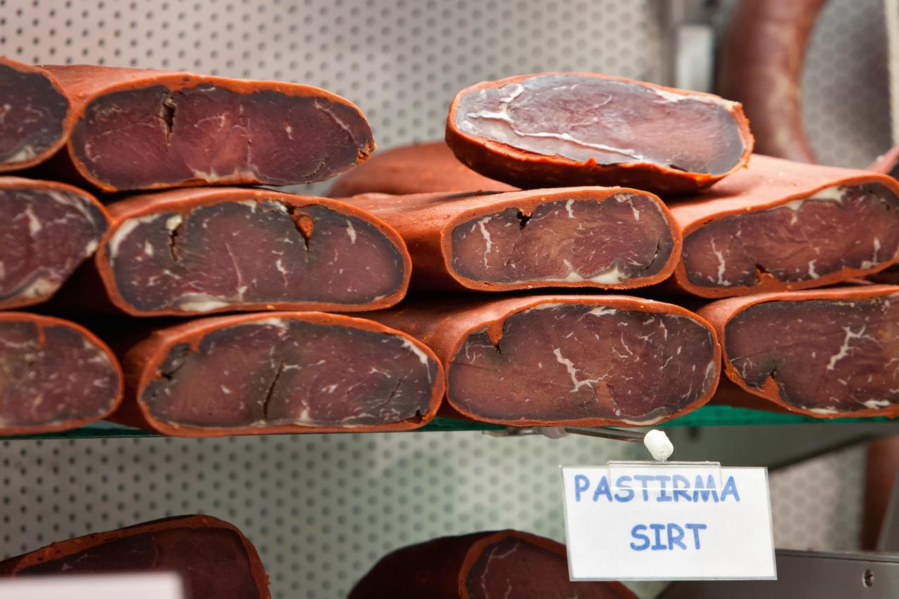 Pastirmas on the counter for sale in a delicatessen in Turkey. (Adobe Stock Photo)