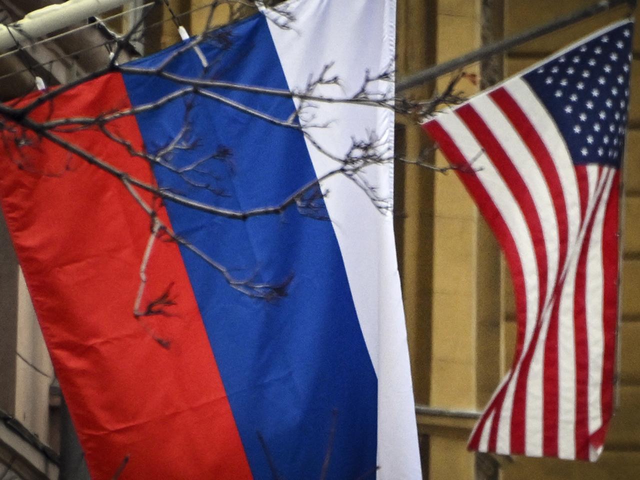 Russian and US flags are seen at the US Embassy in central Moscow on November 5, 2024, at the day of US Presidential election. (AFP Photo)