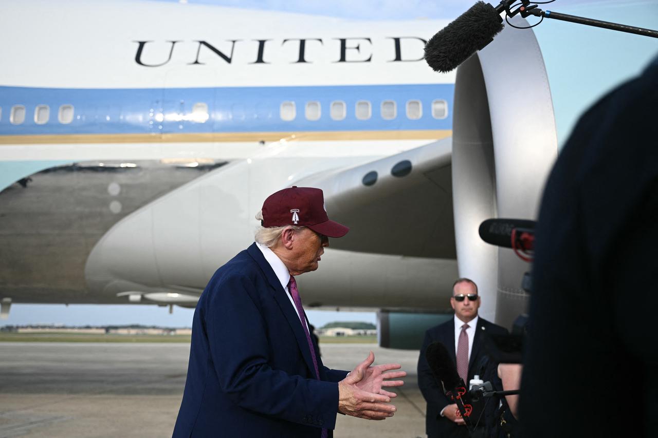 US President Donald Trump speaks to reporters after stepping off Air Force One at Joint Base Andrews, Maryland, on June 10, 2025, en route to the White House. (AFP Photo)