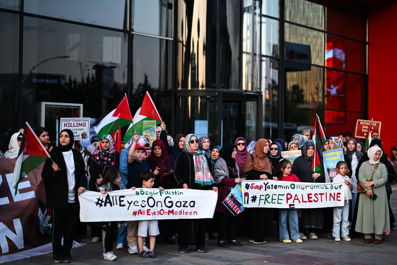 Protesters gather in front of the Israeli Embassy in Ankara, Türkiye to condemn Israel’s seizure of the civilian ship “Madleen,” which was en route to deliver humanitarian aid to Gaza, on June 10, 2025. (AA Photo)
